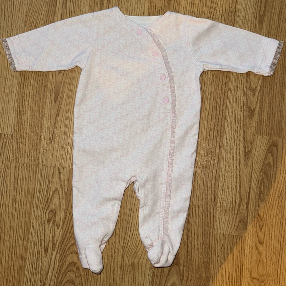 Baby Dior Vintage Monogrammed,  Lace-trimmed Sleeper, Size 6 months